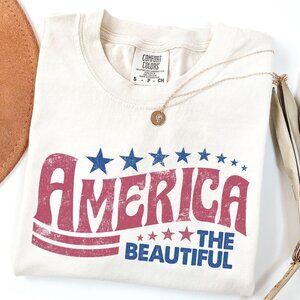 NEW Retro America the Beautiful July 4th Fourth Of July Crewneck Graphic Tee